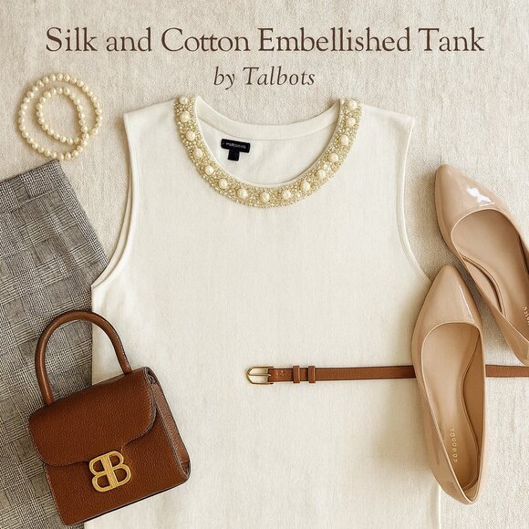 Talbots Silk & Cotton Blend Embellished Shell Tank – Cream XL – Luxe Beaded Neck - Picture 1 of 12